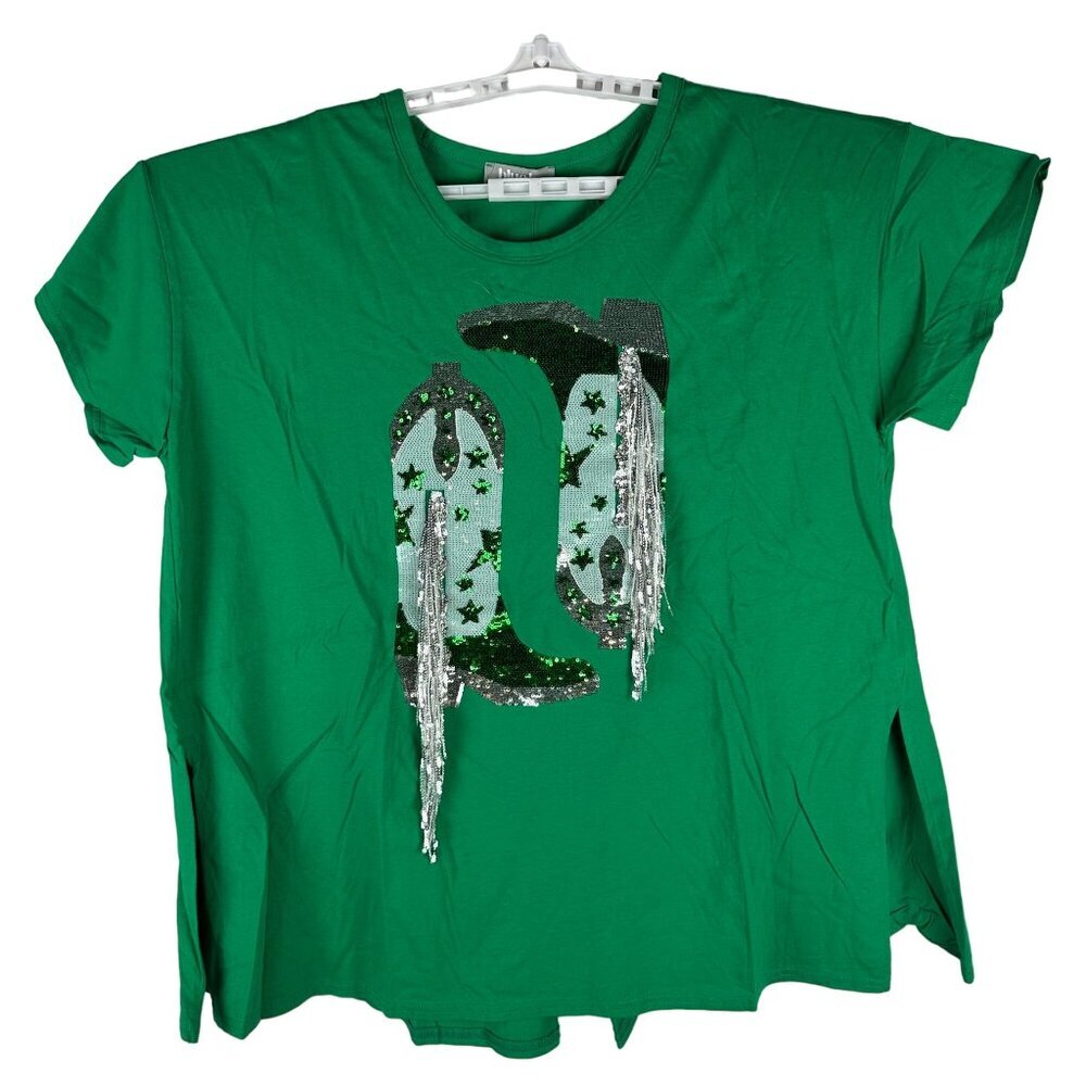 Blue B. Collection Womens Kelly Green Sequin Fringe Cowboy Boot T-Shirt Size M